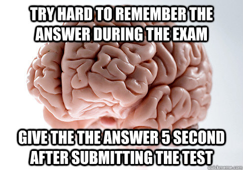 try hard to remember the answer during the exam  give the the answer 5 second after submitting the test   Scumbag Brain