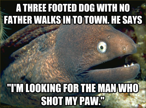 a three footed dog with no father walks in to town. he says  