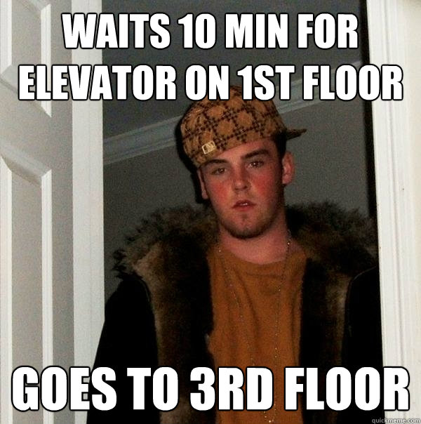 Waits 10 min for elevator on 1st floor Goes to 3rd Floor  Scumbag Steve