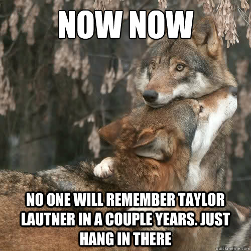 Now now No one will remember Taylor Lautner in a couple years. Just hang in there - Now now No one will remember Taylor Lautner in a couple years. Just hang in there  Comforting wolf