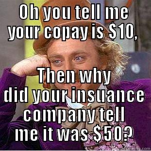 OH YOU TELL ME YOUR COPAY IS $10,  THEN WHY DID YOUR INSUANCE COMPANY TELL ME IT WAS $50? Condescending Wonka