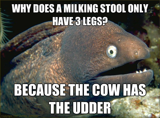 Why does a milking stool only have 3 legs?  Because the cow has the udder  Bad Joke Eel