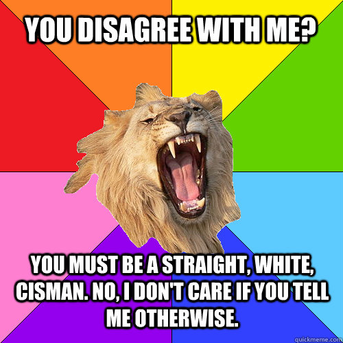 You disagree with me? You must be a straight, white, cisman. No, I don't care if you tell me otherwise.  