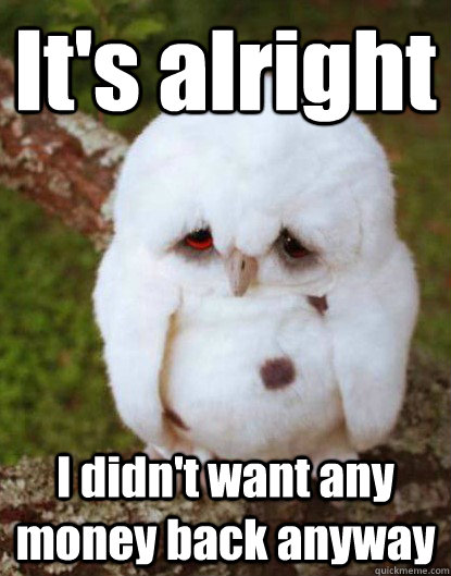 It's alright I didn't want any money back anyway  Depressed Baby Owl