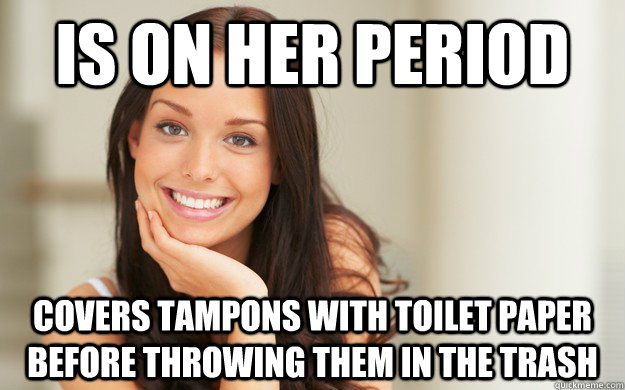 Is on her period Covers tampons with toilet paper before throwing them in the trash - Is on her period Covers tampons with toilet paper before throwing them in the trash  Good Girl Gina