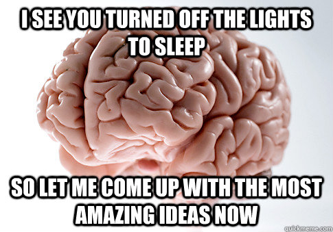 I see you turned off the lights to sleep So let me come up with the most amazing ideas now  Scumbag Brain