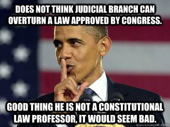 Does not think Judicial Branch can overturn a law approved by Congress. Good thing he is not a COnstitutional Law Professor, it would seem bad. - Does not think Judicial Branch can overturn a law approved by Congress. Good thing he is not a COnstitutional Law Professor, it would seem bad.  Obama Not a Prof.