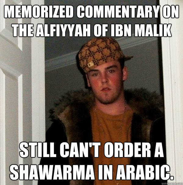 Memorized commentary on the Alfiyyah of Ibn Malik Still can't order a shawarma in Arabic.  Scumbag Steve