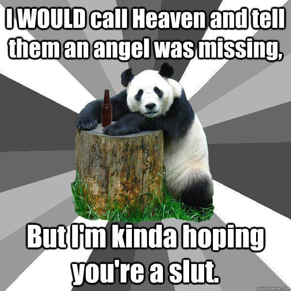 I WOULD call Heaven and tell them an angel was missing, But I'm kinda hoping you're a slut.   Pickup-Line Panda