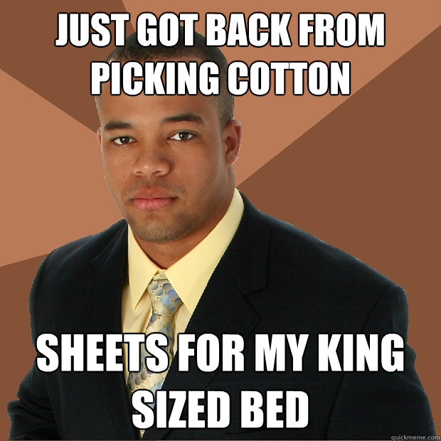 Just got back from picking cotton sheets for my king sized bed  Successful Black Man