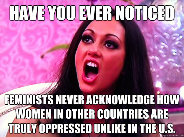 have you ever noticed feminists never acknowledge how women in other countries are truly oppressed unlike in the U.S.  Feminist Nazi