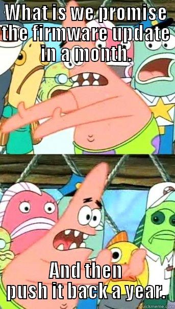 Firmware push - WHAT IS WE PROMISE THE FIRMWARE UPDATE IN A MONTH. AND THEN PUSH IT BACK A YEAR. Push it somewhere else Patrick