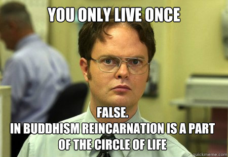 You Only Live Once False. 
in buddhism reincarnation is a part of the circle of life  Dwight