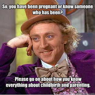 So, you have been pregnant or know someone who has been? Please go on about how you know everything about childbirth and parenting.  Willy Wonka Meme