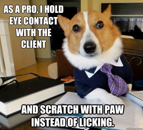 as a pro, I hold eye contact with the client  and scratch with paw instead of licking.  Lawyer Dog