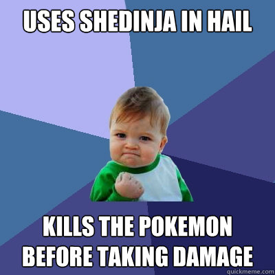 Uses shedinja in hail kills the pokemon before taking damage  Success Kid