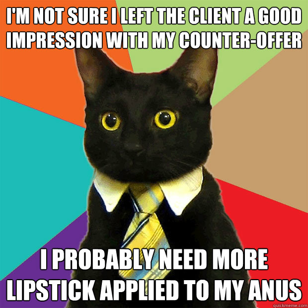 I'm not sure i left the client a good impression with my counter-offer i probably need more lipstick applied to my anus  Business Cat