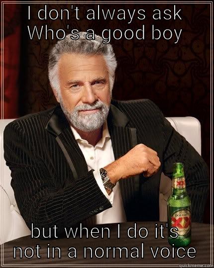 When I see a dog - I DON'T ALWAYS ASK WHO'S A GOOD BOY BUT WHEN I DO IT'S NOT IN A NORMAL VOICE The Most Interesting Man In The World