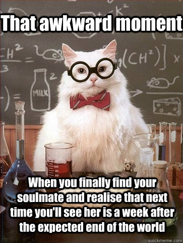 That awkward moment  When you finally find your soulmate and realise that next time you'll see her is a week after the expected end of the world  - That awkward moment  When you finally find your soulmate and realise that next time you'll see her is a week after the expected end of the world   Chemistry Cat