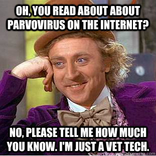 Oh, you read about about parvovirus on the internet? No, please tell me how much you know. I'm just a vet tech.  Condescending Wonka