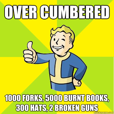 over cumbered 1000 forks, 5000 burnt books, 300 hats, 2 broken guns  Fallout new vegas