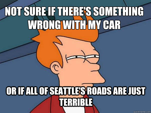 not sure if there's something wrong with my car or if all of Seattle's roads are just terrible  Futurama Fry