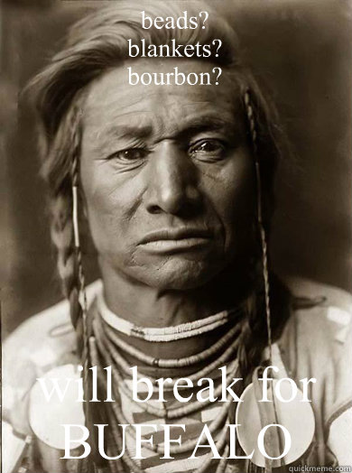 beads?
blankets?
bourbon?

 will break for BUFFALO  Unimpressed American Indian