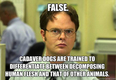 false. cadaver dogs are trained to differentiate between decomposing human flesh and that of other animals.  Dwight