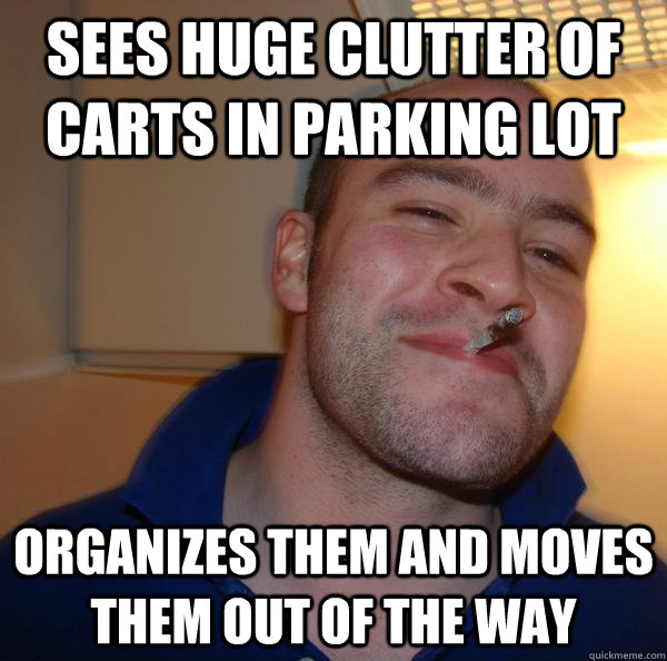 sees huge clutter of carts in parking lot organizes them and moves them out of the way - sees huge clutter of carts in parking lot organizes them and moves them out of the way  Misc