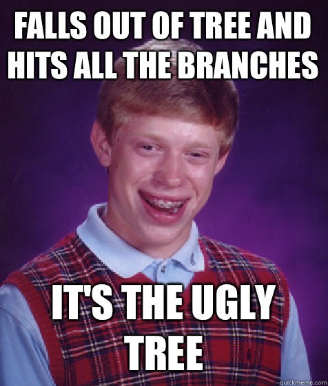 Falls out of tree and hits all the branches It's the ugly tree  Bad Luck Brian