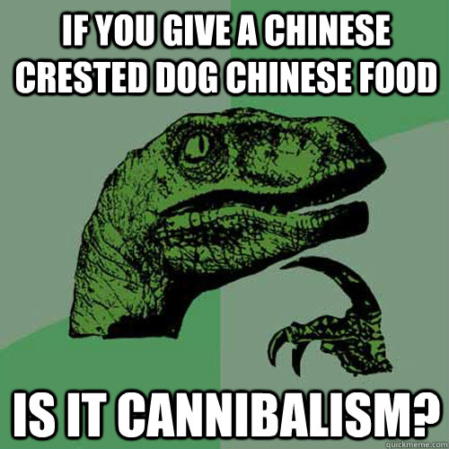 IF YOU GIVE A CHINESE CRESTED DOG CHINESE FOOD IS IT CANNIBALISM?  Philosoraptor