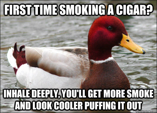 First time smoking a cigar? Inhale deeply, you'll get more smoke and look cooler puffing it out  Malicious Advice Mallard