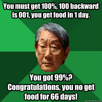 You must get 100%, 100 backward is 001, you get food in 1 day. You got 99%? Congratulations, you no get food for 66 days!   High Expectations Asian Father