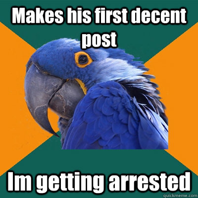 Makes his first decent post Im getting arrested  - Makes his first decent post Im getting arrested   Paranoid Parrot