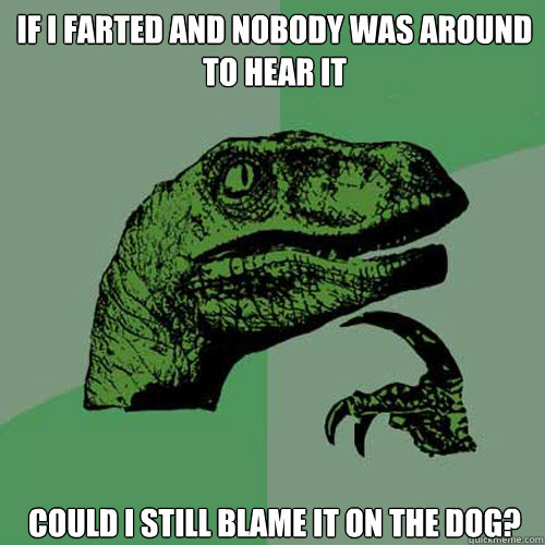 if i farted and nobody was around to hear it could i still blame it on the dog?  Philosoraptor