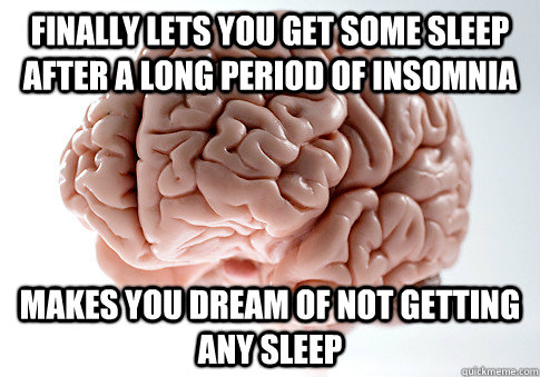 finally lets you get some sleep after a long period of insomnia makes you dream of not getting any sleep  Scumbag Brain