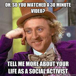 Oh, so you watched a 30 minute video? Tell me more about your life as a social activist  Condescending Wonka