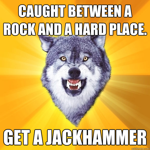 caught between a rock and a hard place. get a jackhammer  Courage Wolf