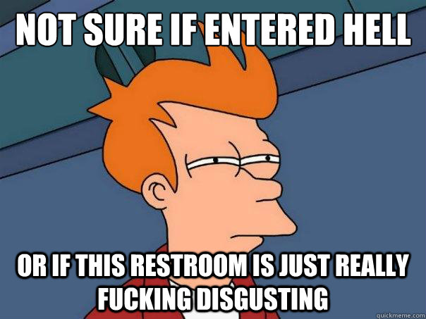 Not sure if entered hell world Or if this restroom is just really fucking disgusting  Futurama Fry