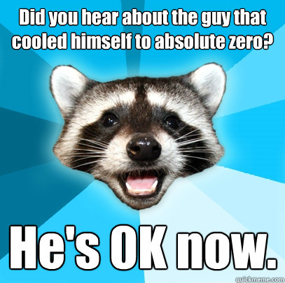 Did you hear about the guy that cooled himself to absolute zero?  He's 0K now.  Lame Pun Coon