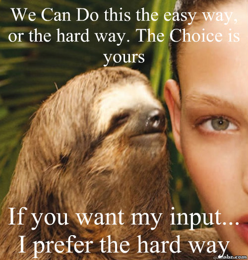 We Can Do this the easy way, or the hard way. The Choice is yours If you want my input... I prefer the hard way  rape sloth