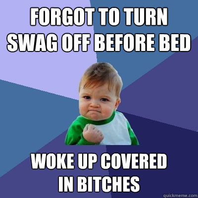 forgot to turn swag off before bed woke up covered
in bitches  Success Kid