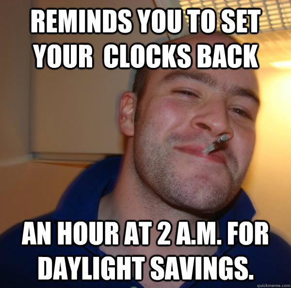 Reminds you to set your  clocks back an hour at 2 A.M. for daylight savings.  - Reminds you to set your  clocks back an hour at 2 A.M. for daylight savings.   Misc