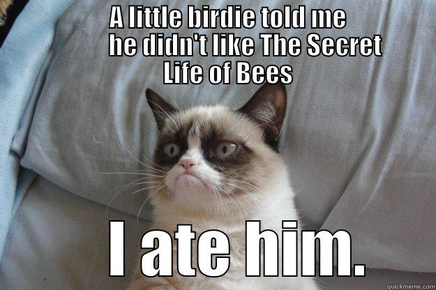 grumpy cats> -                       A LITTLE BIRDIE TOLD ME                                        HE DIDN'T LIKE THE SECRET                LIFE OF BEES     I ATE HIM. Grumpy Cat