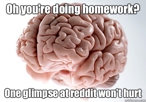 Oh you're doing homework? One glimpse at reddit won't hurt  - Oh you're doing homework? One glimpse at reddit won't hurt   Scumbag Brain