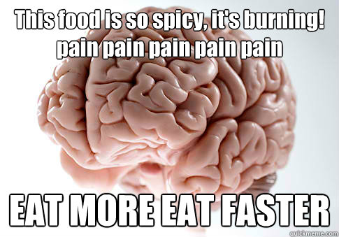 This food is so spicy, it's burning! pain pain pain pain pain EAT MORE EAT FASTER  Scumbag Brain