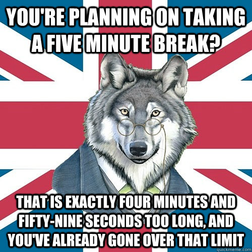 You're planning on taking a five minute break? That is exactly four minutes and fifty-nine seconds too long, and you've already gone over that limit - You're planning on taking a five minute break? That is exactly four minutes and fifty-nine seconds too long, and you've already gone over that limit  Sir Courage Wolf Esquire