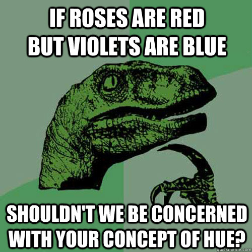 If roses are red              but violets are blue Shouldn't we be concerned with your concept of hue?  Philosoraptor