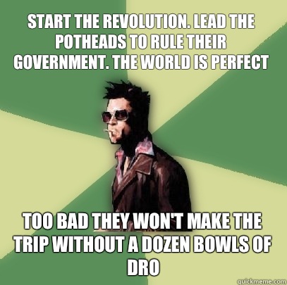 Start the revolution. Lead the potheads to rule their government. The world is perfect Too bad they won't make the trip without a dozen bowls of dro  Helpful Tyler Durden