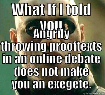 WHAT IF I TOLD YOU ANGRILY THROWING PROOFTEXTS IN AN ONLINE DEBATE DOES NOT MAKE YOU AN EXEGETE. Matrix Morpheus